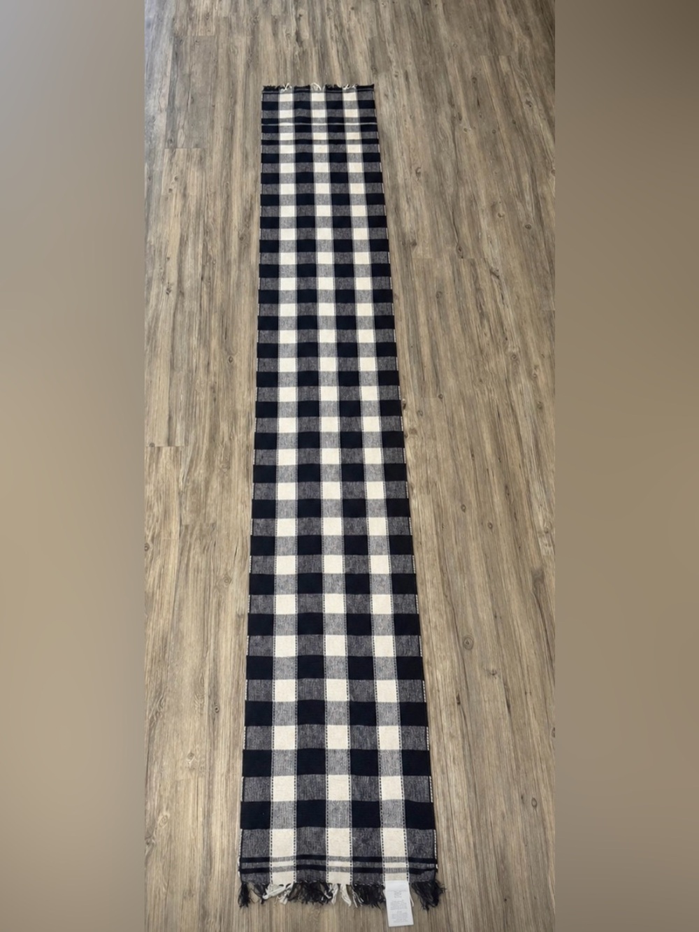 Simons Maison navy blue and white buffalo plaid long table runner